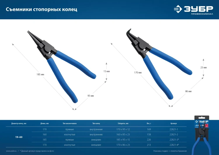 ЗУБР 180 мм, прямые губки, внутренний съемник стопорных колец, Профессионал (22821-1) купить в Надыме