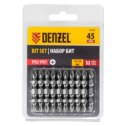 Бита двухсторонняя, PH2-PH1 х 45 мм, сталь S2, 10 шт. Denzel 11674 купить в Надыме