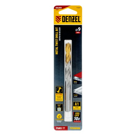 Сверло спиральное по металлу Denzel, 9 x 125 мм, Р6М5, Golden Tip, 718241 купить в Надыме