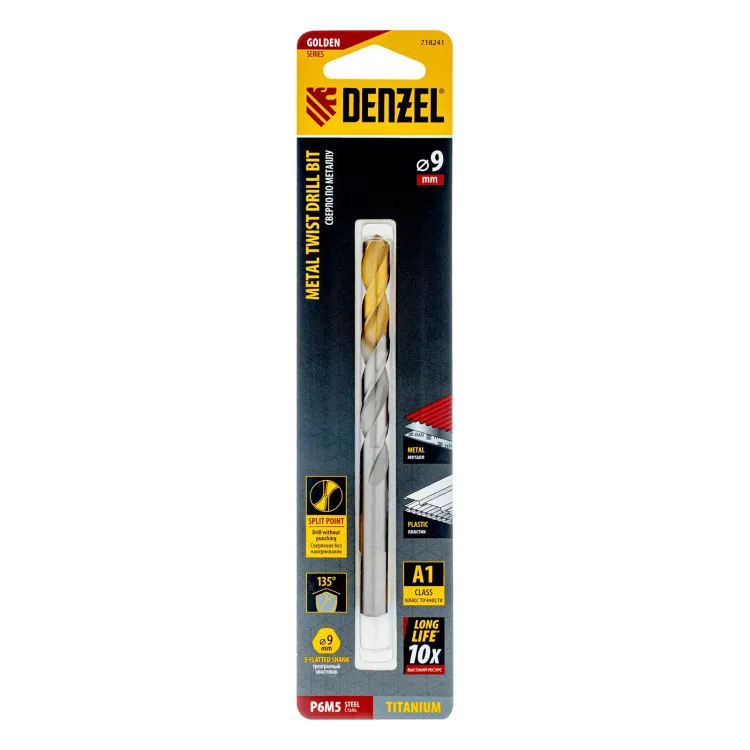 Сверло спиральное по металлу Denzel, 9 x 125 мм, Р6М5, Golden Tip, 718241 купить в Надыме