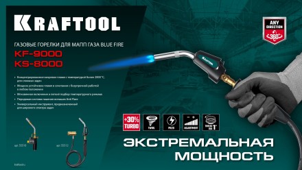 Blue Fire  KF-9000  горелка для МАПП / MAPP газа,  с пъезоподжигом,  на баллон c резьбовым соединением US 1, 2000°C 55510 купить в Надыме
