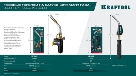 Blue Fire  KF-9000  горелка для МАПП / MAPP газа,  с пъезоподжигом,  на баллон c резьбовым соединением US 1, 2000°C 55510 купить в Надыме