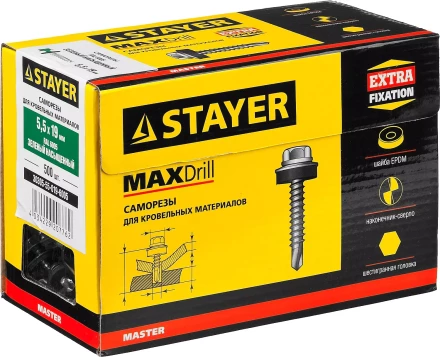 Саморезы СКМ кровельные, RAL 6005 зеленый насыщенный, 19 x 5.5 мм, 500 шт, для металлических конструкций, STAYER 30305-55-019-6005 купить в Надыме