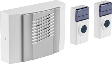 Звонок СВЕТОЗАР "ДУЭТ" электрический беспроводной 100м, 2 мелодии, 2 кнопки IP44, 2*A23, 3AA SV-58068-1 купить в Надыме