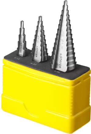 Набор STAYER "MASTER": Ступенчатые сверла по сталям и цвет.мет., сталь HSS, d=4-12мм,5 ступ. d 4-20 мм 9 ступ., d 4-30мм 14ступ. 29660-4-30-H3 купить в Надыме