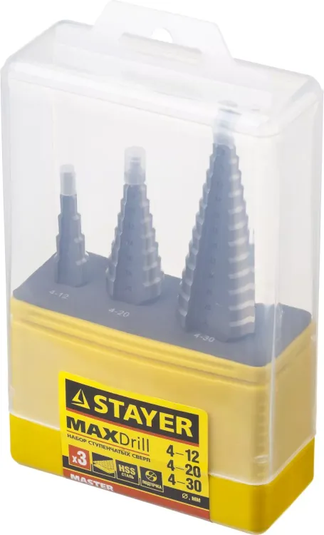 Набор STAYER "MASTER": Ступенчатые сверла по сталям и цвет.мет., сталь HSS, d=4-12мм,5 ступ. d 4-20 мм 9 ступ., d 4-30мм 14ступ. 29660-4-30-H3 купить в Надыме