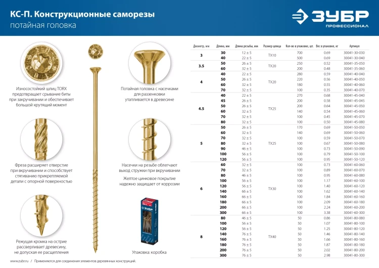 ЗУБР КС-П, 45 х 4.5 мм, TX25, потайная головка, желтый цинк, 200 шт, конструкционный саморез, Профессионал (30041-45-045) купить в Надыме