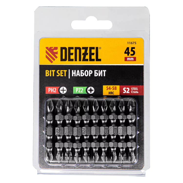 Бита двухсторонняя, PH2-PZ2 х 45 мм, сталь S2, 10 шт. Denzel 11675 купить в Надыме