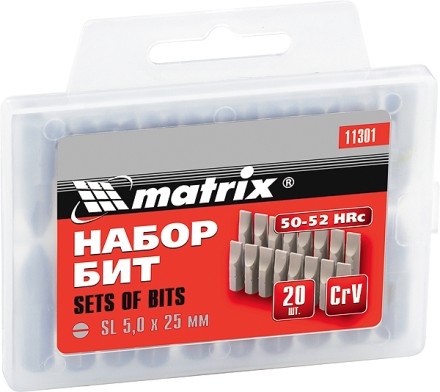 Набор бит SL5,0 x 25 мм, сталь 45Х, 20 шт., в пласт. боксе  MATRIX 11301 купить в Надыме
