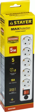 Сетевой фильтр STAYER "MASTER" электрический, 5 гнезд, макс. мощн. 2200 Вт, 5м 55066-5 купить в Надыме