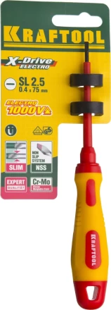 Отвертка KRAFTOOL, высоковольтная, Cr-Mo-V стержень, двухкомпонент. маслобензостойкая рукоятка, SL, 2,5х75мм 250083-2.5-075 купить в Надыме
