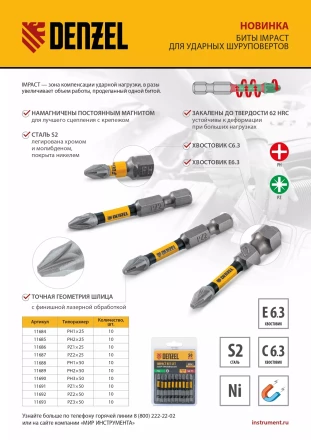 Бита IMPACT, PZ2x50 мм, лазерная обработка шлица, сталь S2, 10 шт., Е 6,3 Denzel 11692 купить в Надыме