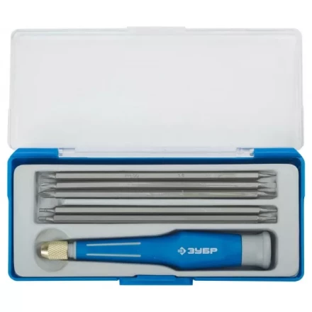 Набор ЗУБР Отвертка "ЭКСПЕРТ" для точных работ, двухкомп рукоятка, CR-V, сменные двустор стержни 120мм, 5шт, 6предм 25627-H6 купить в Надыме