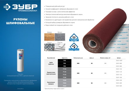 ЗУБР Р240, 800 мм, 30 м, водостойкий, шлифовальный рулон на тканевой основе, Профессионал (35501-240) купить в Надыме