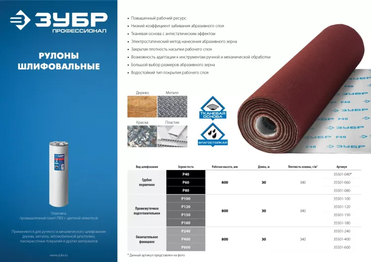 ЗУБР Р240, 800 мм, 30 м, водостойкий, шлифовальный рулон на тканевой основе, Профессионал (35501-240) купить в Надыме
