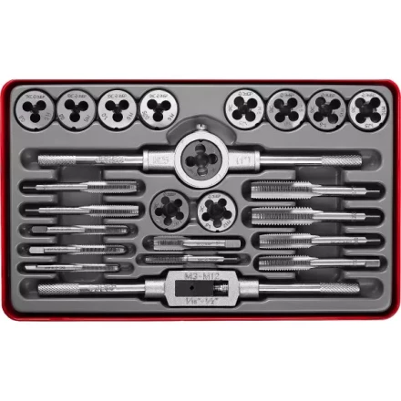 Набор ЗУБР "ЭКСПЕРТ" с металлореж. инструментом, метчики однопроходные и плашки М5-М12, оснастка-в метал. боксе, 24пред. 28116-H24 купить в Надыме