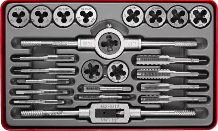 Набор ЗУБР "ЭКСПЕРТ" с металлореж. инструментом, метчики однопроходные и плашки М5-М12, оснастка-в метал. боксе, 24пред. 28116-H24 купить в Надыме