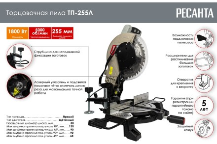 Торцовочная пила Ресанта ТП-255Л 75/18/3 купить в Надыме