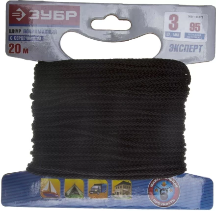 Шнур ЗУБР полиамидный, плетеный, повышенной нагрузки, с сердечником, черный, d 3, 20м 50311-03-020 купить в Надыме