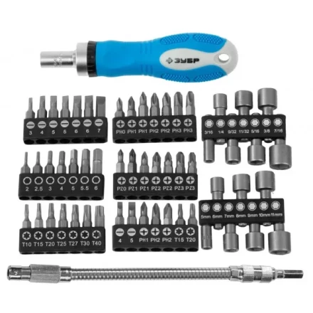 Набор ЗУБР Отвертка "ЭКСПЕРТ" реверс., 2-хкомп. ручка,биты 30мм, торц.головки,гибкий удл. с магнит. фикс. 215мм, 58пред 25280-H58 купить в Надыме