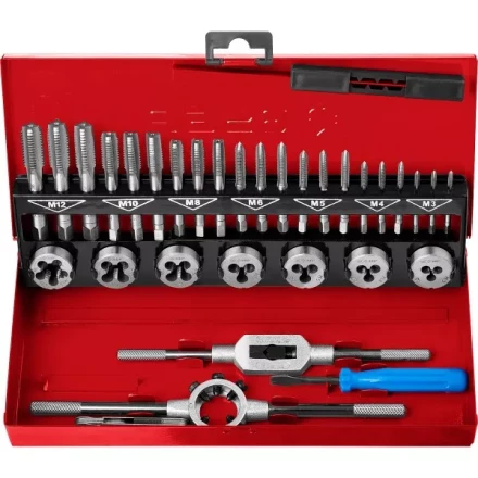 Набор ЗУБР "ЭКСПЕРТ" с метал.реж. инстр., метчики комплект. из 3-х штук и плашки М3-М12, оснастка-в метал.боксе, 32пред. 28129-H32 купить в Надыме