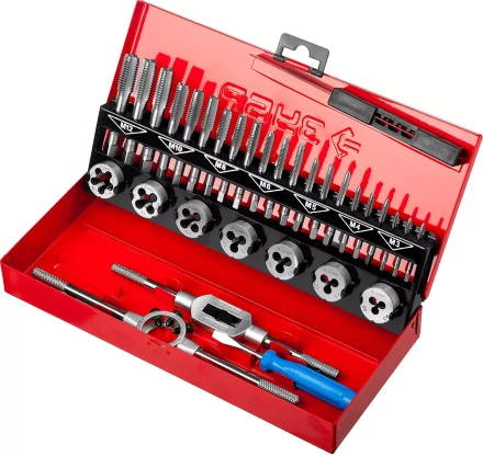 Набор ЗУБР "ЭКСПЕРТ" с метал.реж. инстр., метчики комплект. из 3-х штук и плашки М3-М12, оснастка-в метал.боксе, 32пред. 28129-H32 купить в Надыме