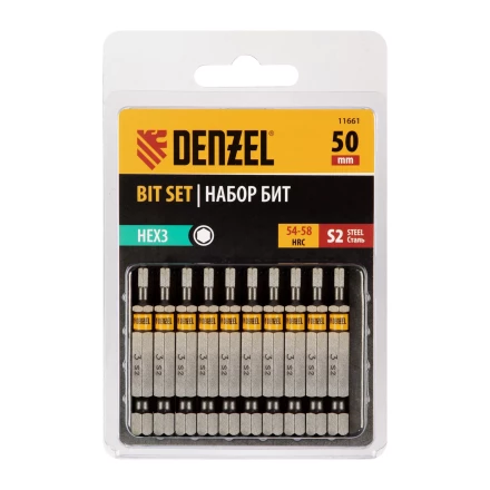 Бита HEX 3х50, сталь S2, шестигранный профиль, 10 шт. Е 6,3 Denzel 11661 купить в Надыме