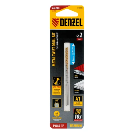 Сверло спиральное по металлу Denzel  2 х 86 мм Р6М5, Golden Tip, удлиненное, 2шт., 718245 купить в Надыме