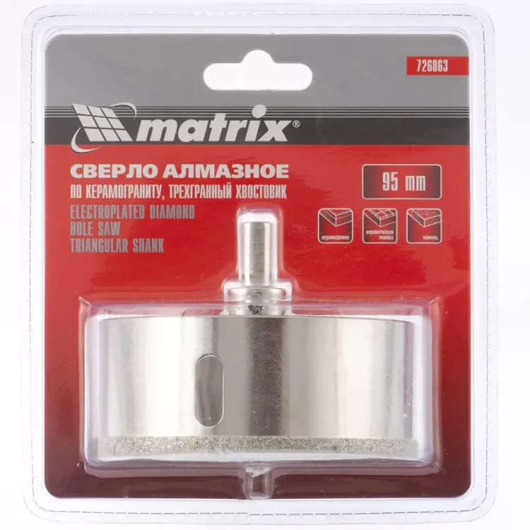 Сверло алмазное по керамограниту 95 х 67 мм 3-гранный хвостовик MATRIX артикул 726863 купить в Надыме