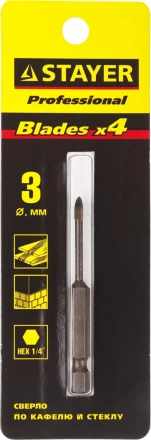 Сверло по кафелю, керамике, стеклу, с двумя режущими лезвиями, шестигранный хвостовик, 3 мм, STAYER "PROFESSIONAL" 2985-03 2985-03 купить в Надыме
