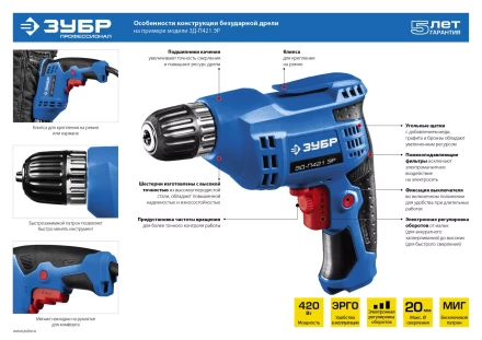 Дрель реверсивная ЗД-П421 ЭР серия ПРОФЕССИОНАЛ купить в Надыме