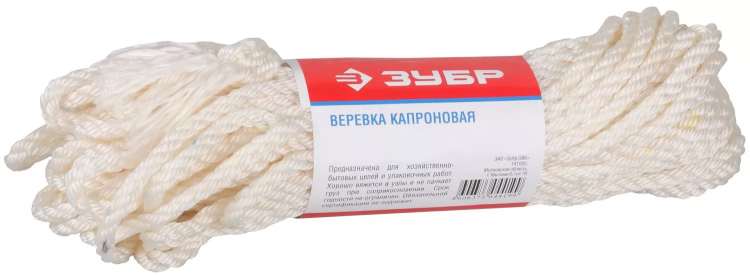 Веревка ЗУБР капроновая, d=6,0 мм, 20 м, 375 кгс, 12,5 ктекс 50206 купить в Надыме