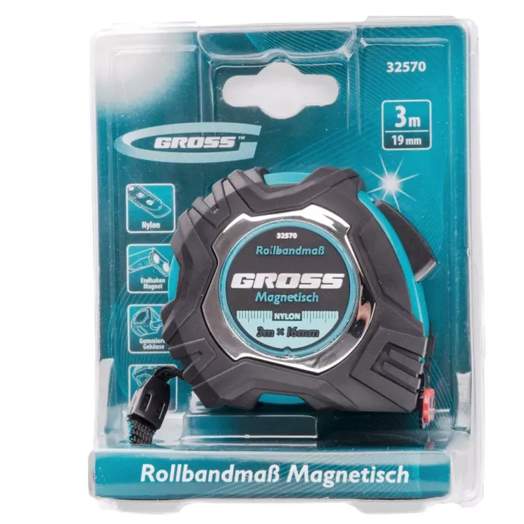 Рулетка Magnetisch 3 м х 16 мм обрезиненный корпус автоматическая фиксация Нейлоновое покрытиеытие зацеп с магнитом Gross 32570 купить в Надыме