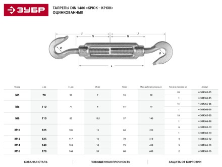 Талреп ЗУБР &quot;ПРОФЕССИОНАЛ&quot; DIN 1480, крюк-крюк, оцинкованный, кованая натяжная муфта, М12, 4 шт 4-304365-12 купить в Надыме
