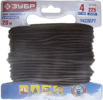 Шнур ЗУБР полиамидный, плетеный, повышенной нагрузки, с сердечником, черный, d 4, 20м 50311-04-020 купить в Надыме
