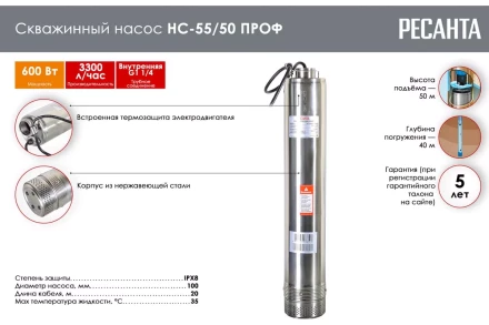 Скважинный насос Ресанта НС-55/50 ПРОФ 77/3/1 купить в Надыме