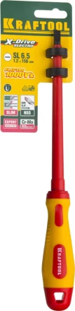 Отвертка KRAFTOOL, высоковольтная, Cr-Mo-V стержень, двухкомпонент. маслобензостойкая рукоятка, SL, 6,5х150мм 250083-6.5-150 купить в Надыме
