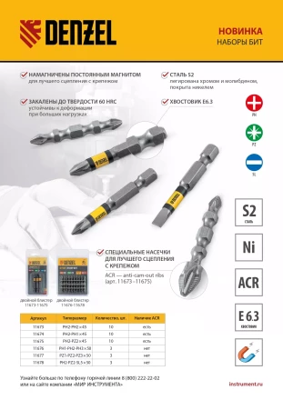 Набор бит комбинированный 3 шт., PZ1, PZ2, PZ3, 50 мм, сталь S2 Denzel 11677 купить в Надыме