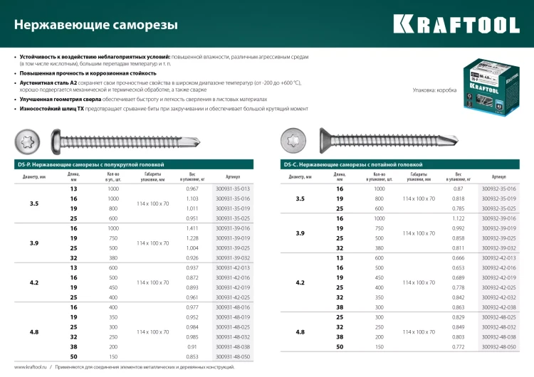 Нержавеющие саморезы DS-P с полукруглой головкой, коробка 300931-48-038 купить в Надыме