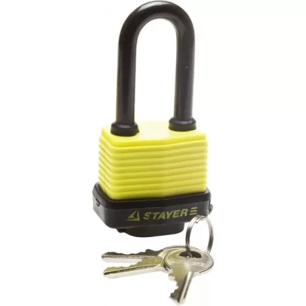 Замок STAYER "MASTER" навесной, всепогодный, пластиковая защита корпуса, с удлин. закален. дужкой,на карточке, 50мм 37141-40 купить в Надыме
