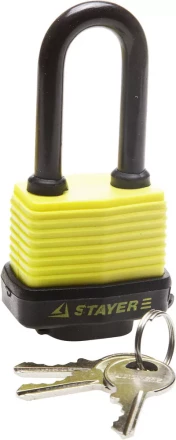 Замок STAYER "MASTER" навесной, всепогодный, пластиковая защита корпуса, с удлин. закален. дужкой,на карточке, 50мм 37141-40 купить в Надыме