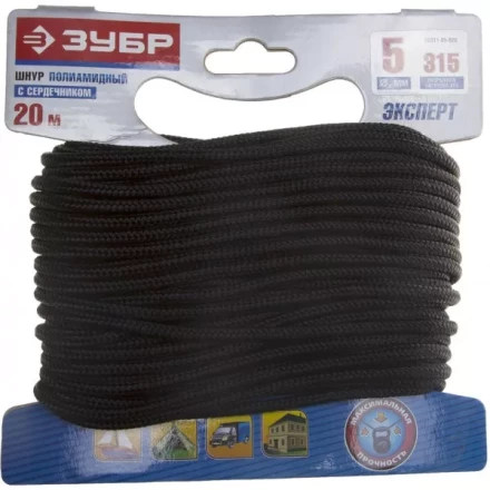 Шнур ЗУБР полиамидный, плетеный, повышенной нагрузки, с сердечником, черный, d 5, 20м 50311-05-020 купить в Надыме