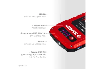 ЗУБР АПУ-400, 12 В, макс. 400 А, аккумуляторное пусковое устройство (59322) купить в Надыме