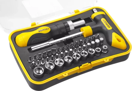 Набор STAYER "MASTER" "HERCULES": Отвертка реверсивная, Т-образная отвертка-битодержатель, адаптер для торц голов, 43 предм 25084-H43 купить в Надыме