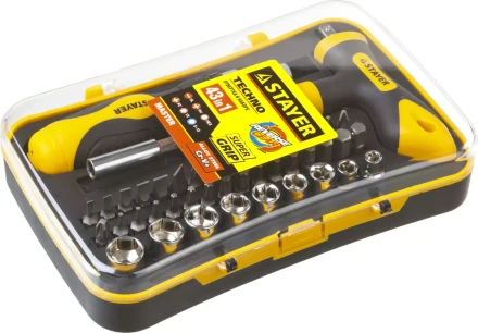 Набор STAYER "MASTER" "HERCULES": Отвертка реверсивная, Т-образная отвертка-битодержатель, адаптер для торц голов, 43 предм 25084-H43 купить в Надыме