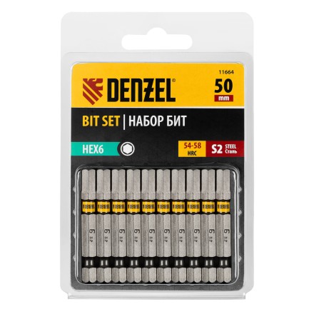 Бита HEX 6х50, сталь S2, шестигранный профиль, 10 шт. Е 6,3 Denzel 11664 купить в Надыме