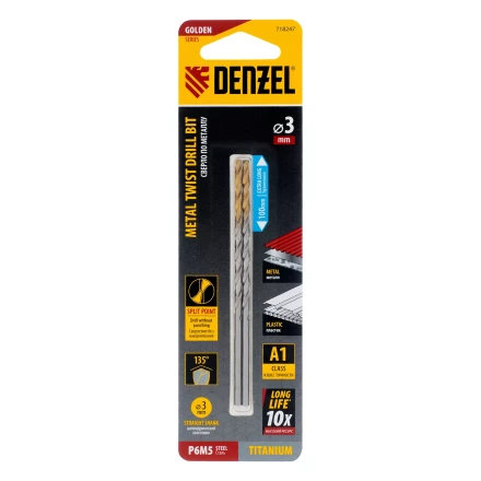 Сверло спиральное по металлу 3 х 100 мм, Р6М5, Golden Tip, удлиненное, 2шт. Denzel 718247 купить в Надыме