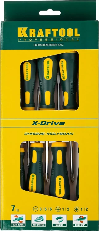 Набор X-Drive, KRAFTOOL 250081-H7: Отвертки профессиональные, SL: 3x80, 5x100, 6x125; PH: 1x80, 2x100; PZ: 1x80, 2x100 250081-H7 купить в Надыме