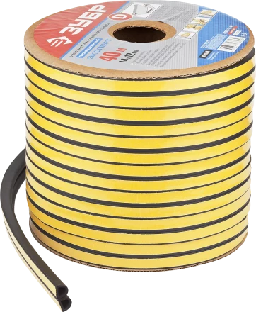 ЗУБР 40 м, D-профиль, размер 14 х 12 мм, черный, самоклеящийся промышленный резиновый уплотнитель, Профессионал (40950-14-40) купить в Надыме