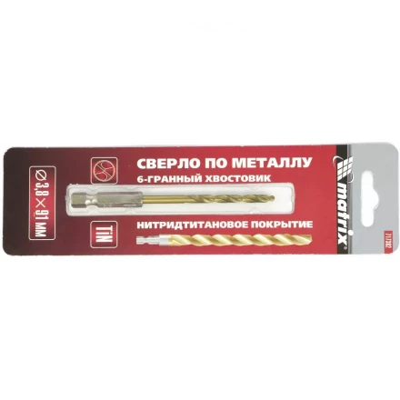 Сверло по металлу 3,8 мм HSS нитридтитановое покрытие шестигранный хвостовик Matrix 717382 купить в Надыме